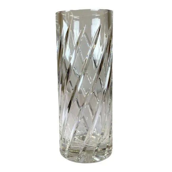 Vintage Crystal Clear Cut Glass Flower Vase Swirl Design Starburst Base Heavy - Picture 2 of 10